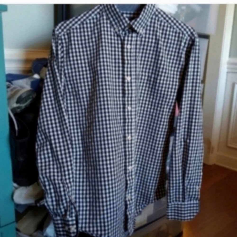 Mason James Men's Black and White Checkered Button Down Shirt S Stretch EUC